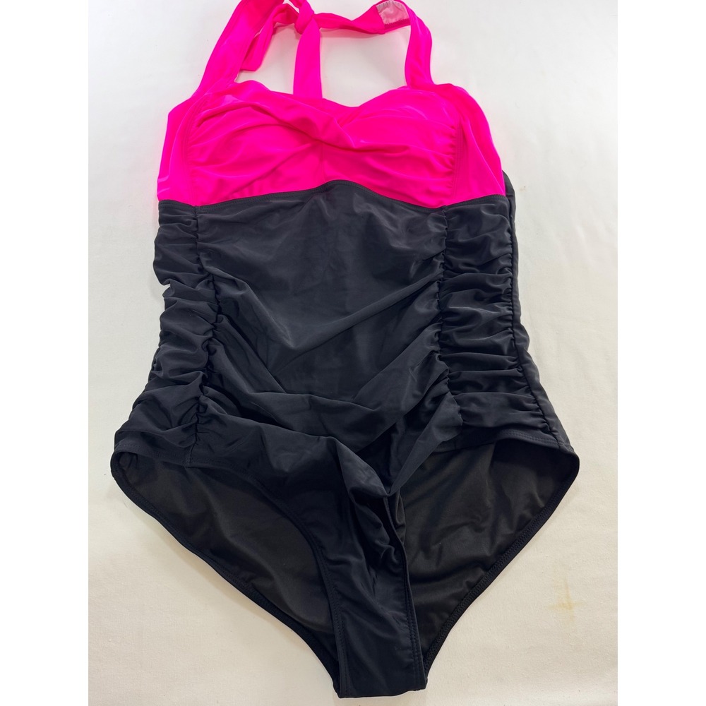 Yonique Neon Pink Black Ruched One Piece Swimsuit Halter Tummy Control 18W NWT